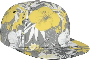 Baseball Hat for Men Women Tropical Floral Light Grey Yellow Vintage Flat Bill Visor Classic Snapback Hat Adjustable Brim High Top Baseball Cap