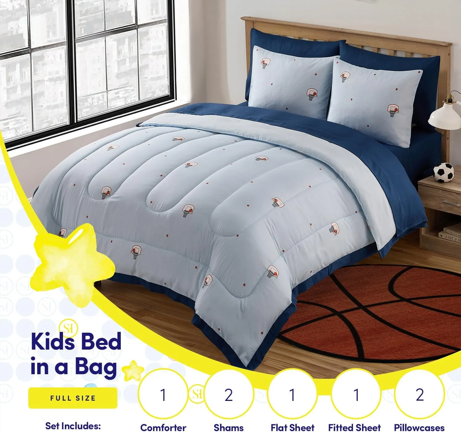 Basketball Comforter Set Full Size – Bed in a Bag with Sheets, Pillowcases & Shams – Soft Stylish Sports Bedding – All Season Boys Basketball Bed Set