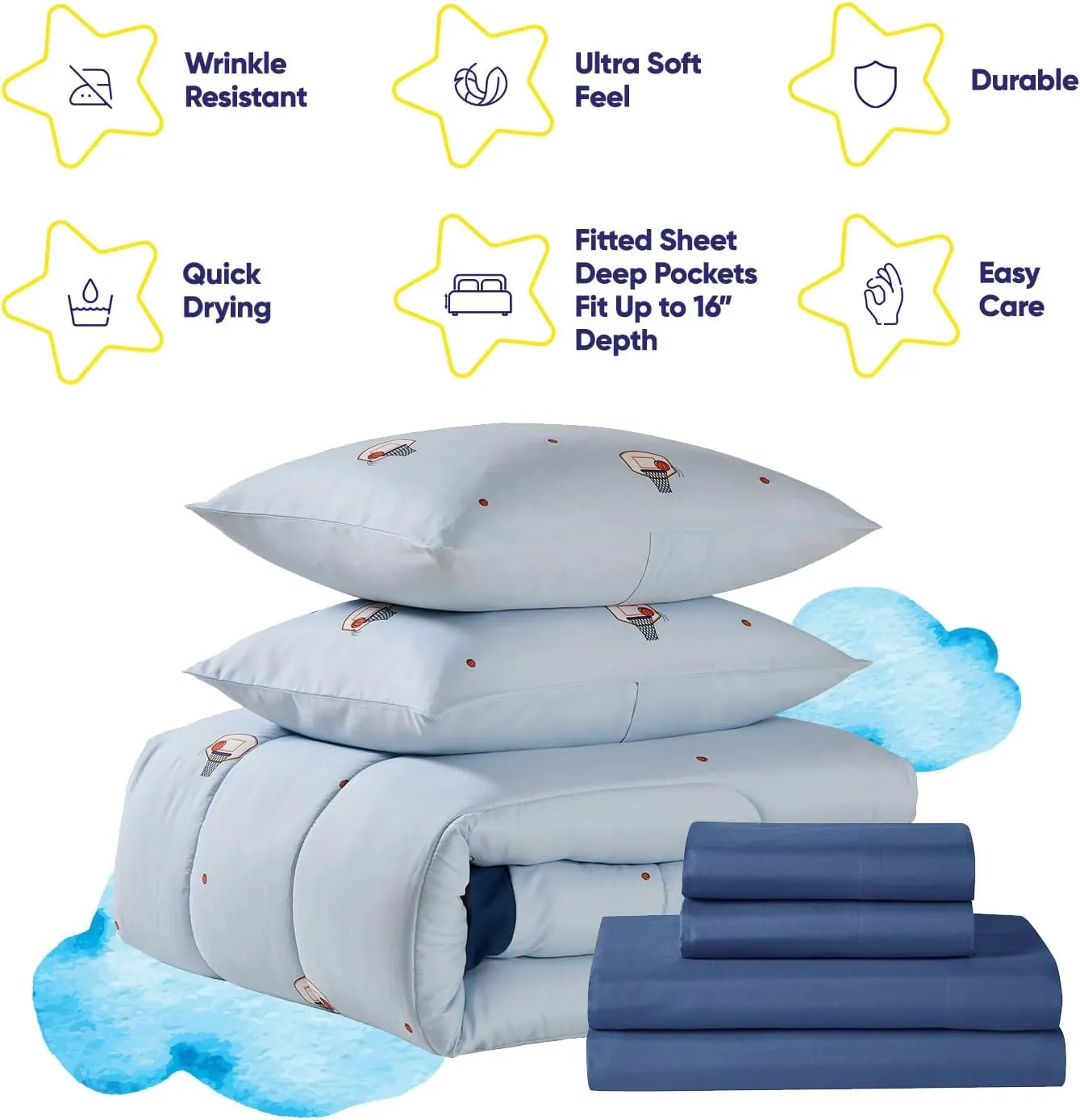 Basketball Comforter Set Full Size – Bed in a Bag with Sheets, Pillowcases & Shams – Soft Stylish Sports Bedding – All Season Boys Basketball Bed Set