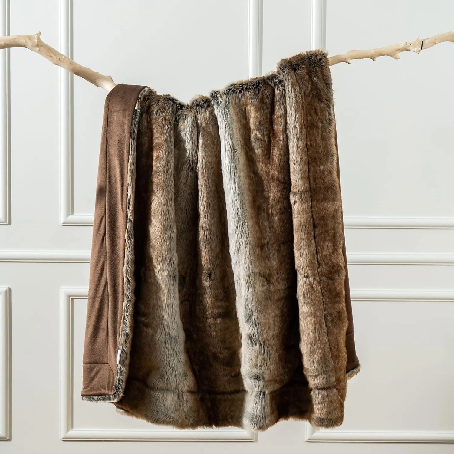 BATTILO HOME Luxury Brown Faux Fur Blanket Thick Warm Elegant Cozy Fuzzy Throw for Couch, Bed, Sofa Fluffy Blankets Decorative Reversible to Plush Velvet, 50"x60"