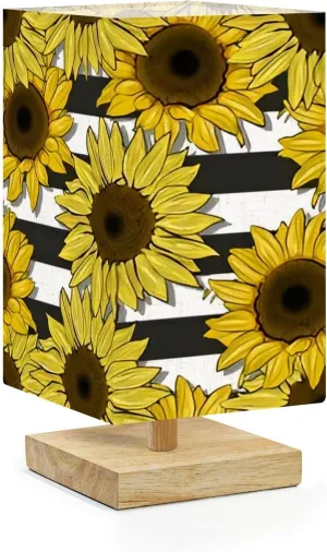 Bedside Table Lamp Sunflowers field seamless pattern for fabric textile Flat colors to Dimmable Minimalist Nightstand Lamp Square Wood Base Flaxen Fabric Shade Desk Lamps for Bedroom Living Room