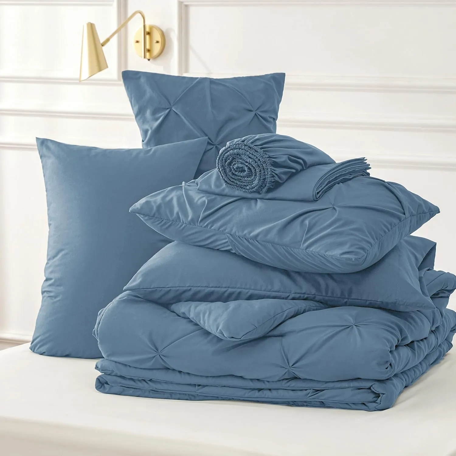 Bedsure California King Comforter Set Mineral Blue - Bed in a Bag California King 7 Pieces, GentleSoft™ Pintuck Bed Set Gift for Family, Pinch Pleat Blue Comforter with Sheets, Pillowcases & Shams
