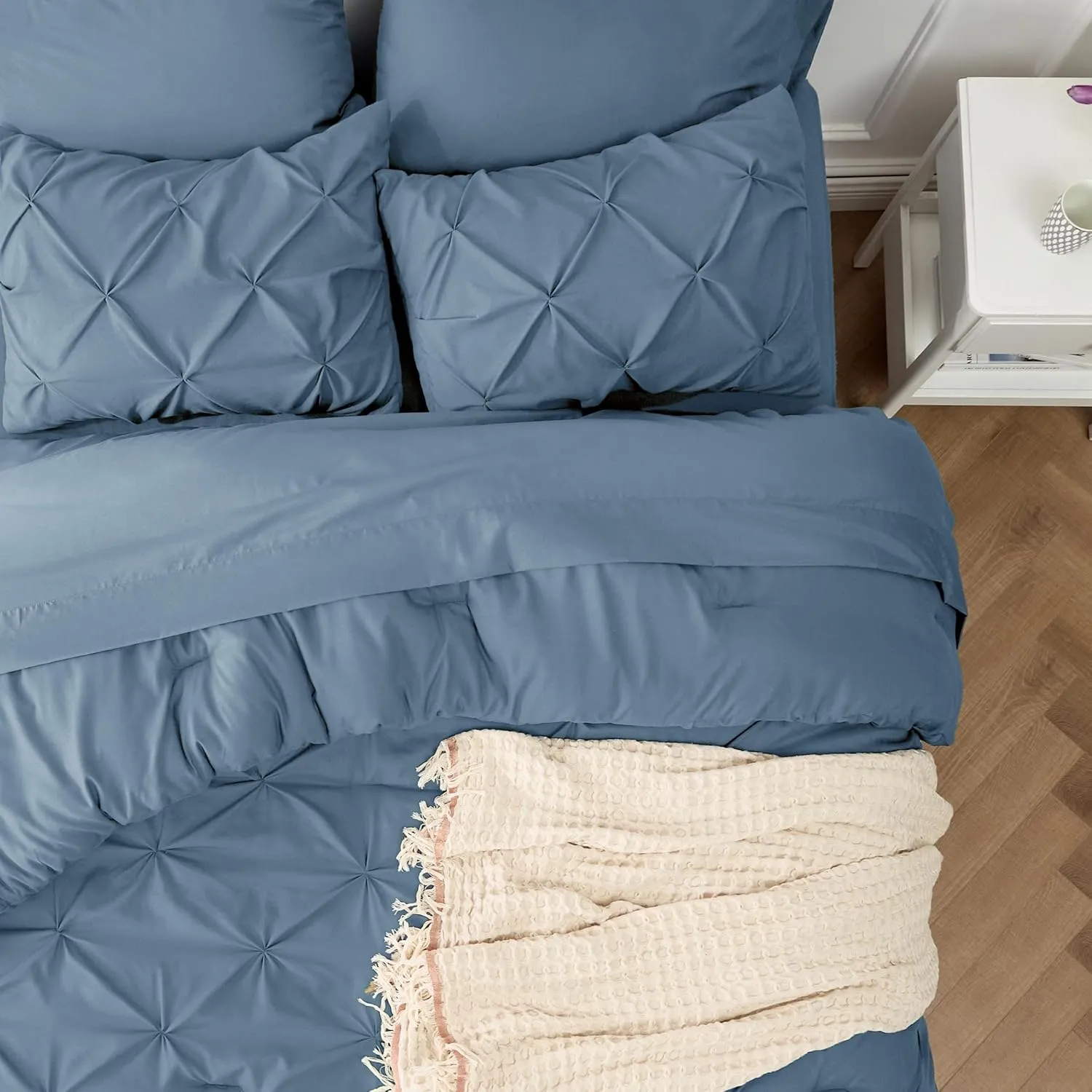 Bedsure California King Comforter Set Mineral Blue - Bed in a Bag California King 7 Pieces, GentleSoft™ Pintuck Bed Set Gift for Family, Pinch Pleat Blue Comforter with Sheets, Pillowcases & Shams
