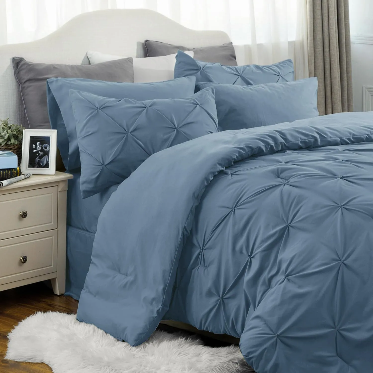 Bedsure California King Comforter Set Mineral Blue - Bed in a Bag California King 7 Pieces, GentleSoft™ Pintuck Bed Set Gift for Family, Pinch Pleat Blue Comforter with Sheets, Pillowcases & Shams