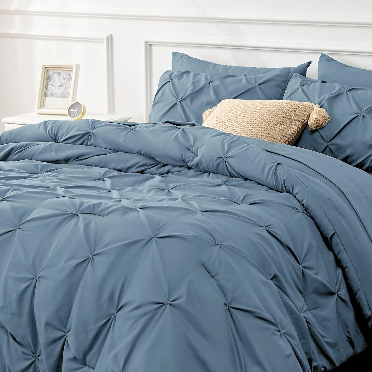 Bedsure California King Comforter Set Mineral Blue - Bed in a Bag California King 7 Pieces, GentleSoft™ Pintuck Bed Set Gift for Family, Pinch Pleat Blue Comforter with Sheets, Pillowcases & Shams