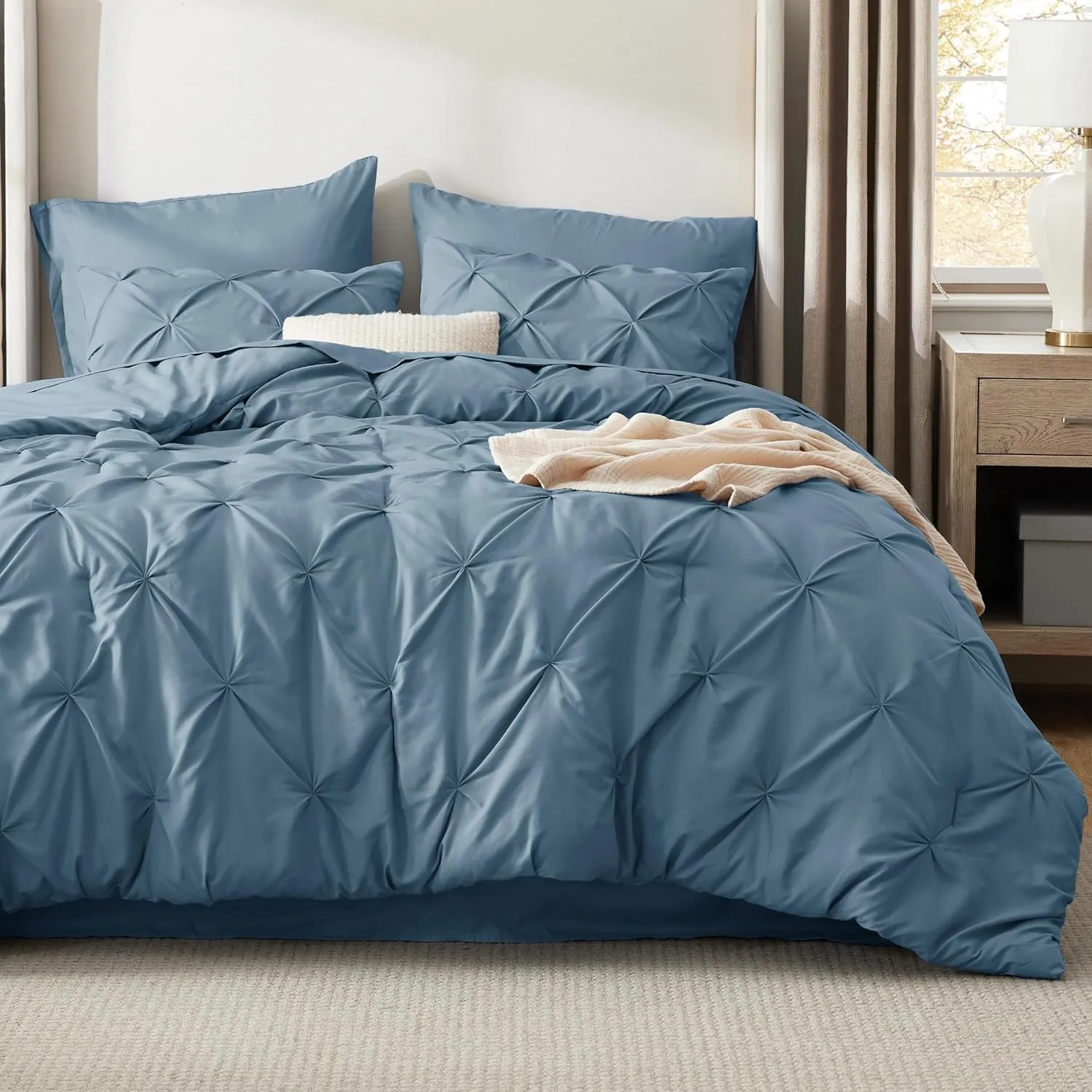 Bedsure California King Comforter Set Mineral Blue - Bed in a Bag California King 7 Pieces, GentleSoft™ Pintuck Bed Set Gift for Family, Pinch Pleat Blue Comforter with Sheets, Pillowcases & Shams