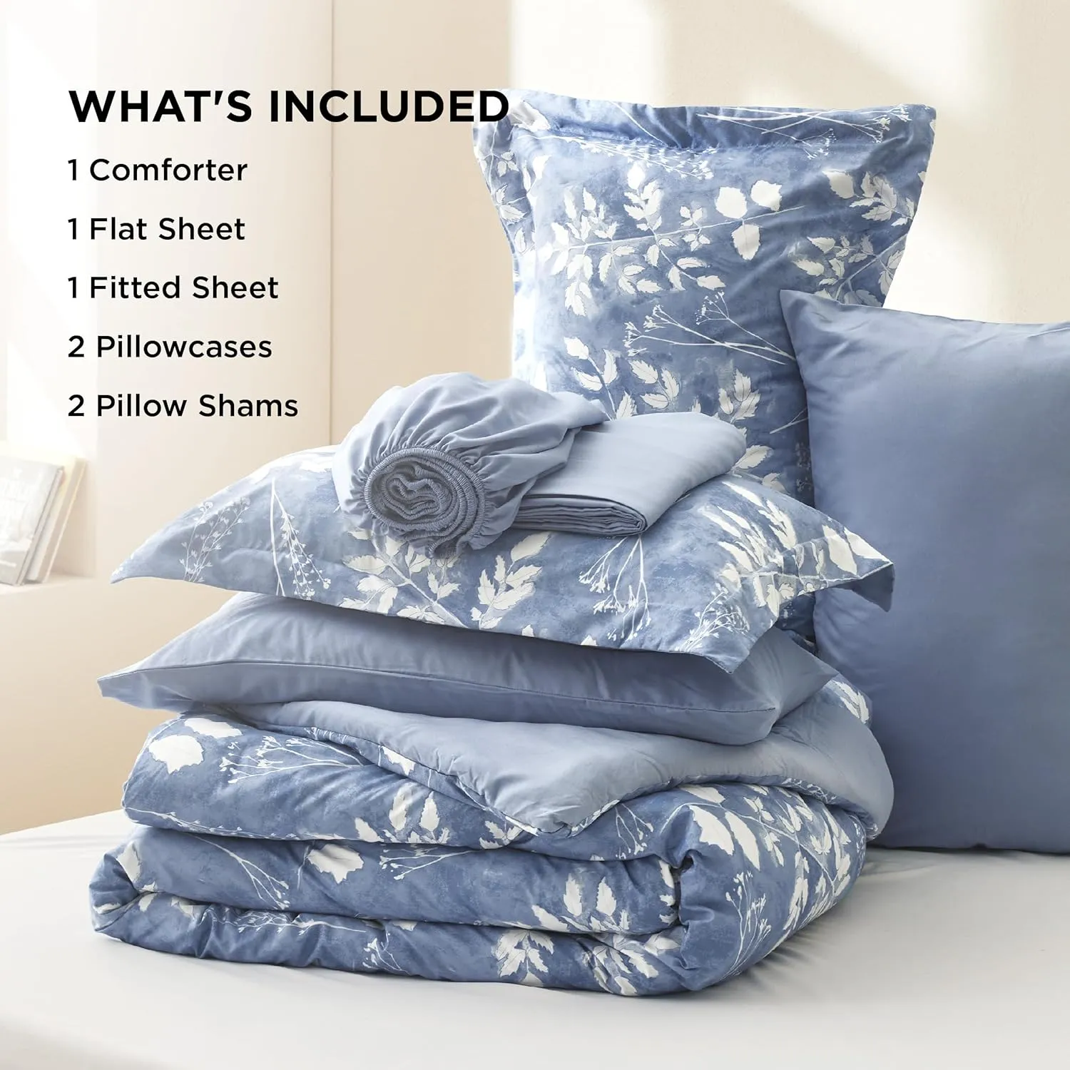 Bedsure King Size Comforter Set - 7 Pieces Floral Blue Soft Bedding Sets, King Bed in a Bag with Botanical Flowers Comforter, Sheets, Pillowcases & Shams