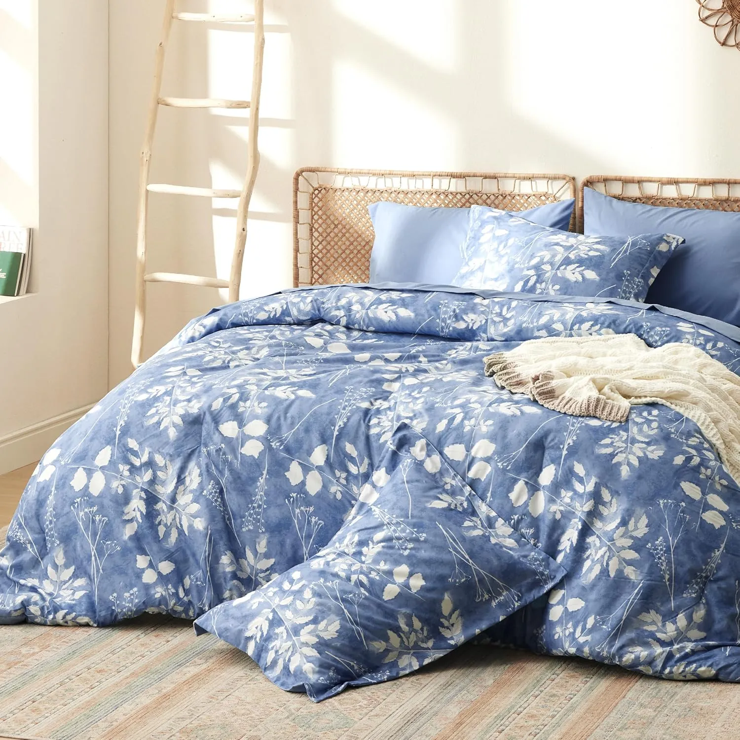 Bedsure King Size Comforter Set - 7 Pieces Floral Blue Soft Bedding Sets, King Bed in a Bag with Botanical Flowers Comforter, Sheets, Pillowcases & Shams