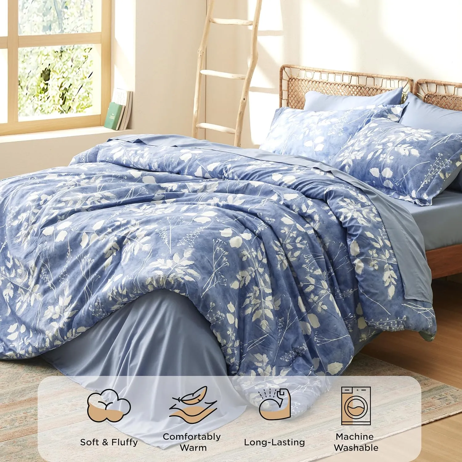 Bedsure King Size Comforter Set - 7 Pieces Floral Blue Soft Bedding Sets, King Bed in a Bag with Botanical Flowers Comforter, Sheets, Pillowcases & Shams
