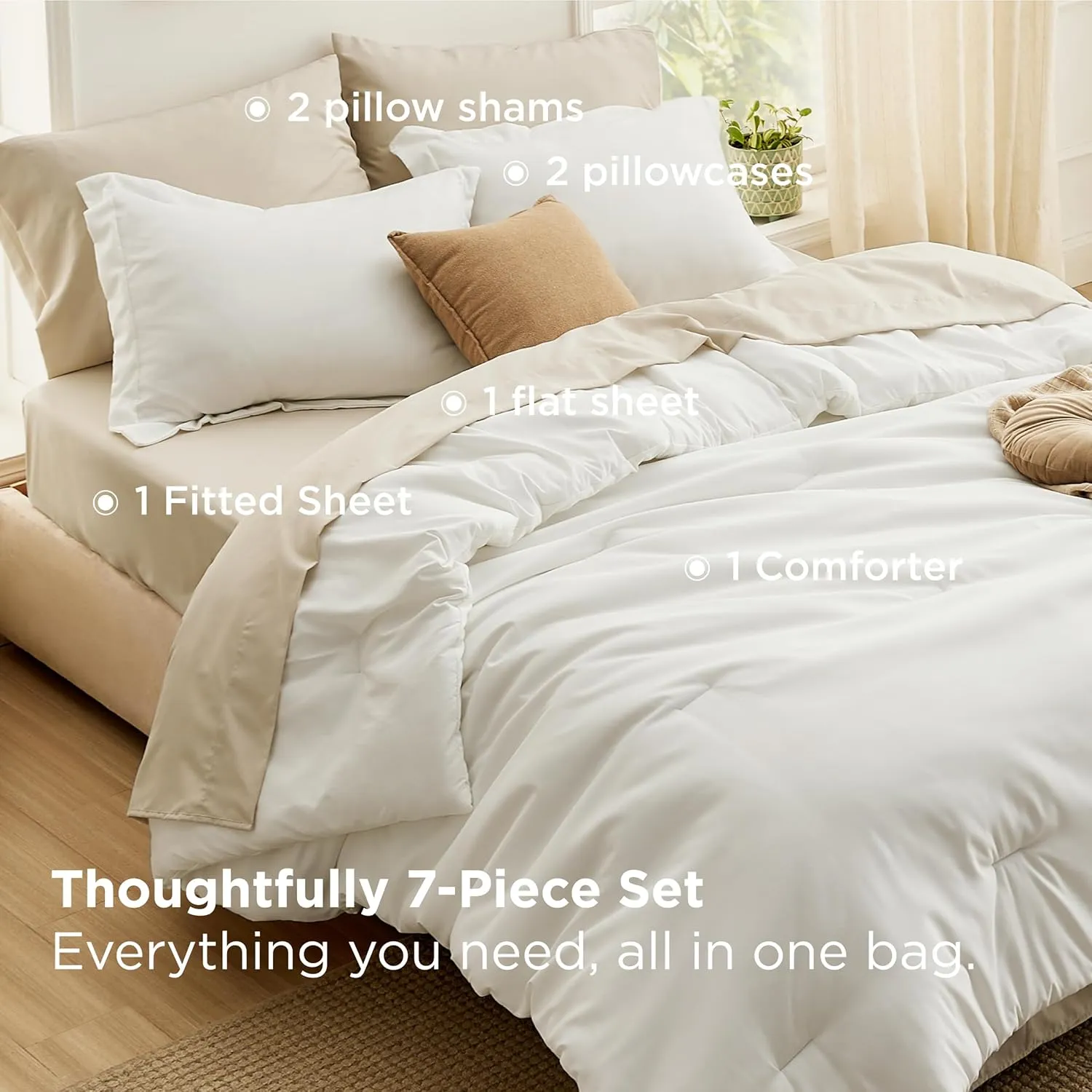 Bedsure King Size Comforter Set - 7 Pieces White King Bedding Set for All Seasons, Boho Contrasting Design Bed in a Bag with Comforter, Sheets, Pillowcases & Shams