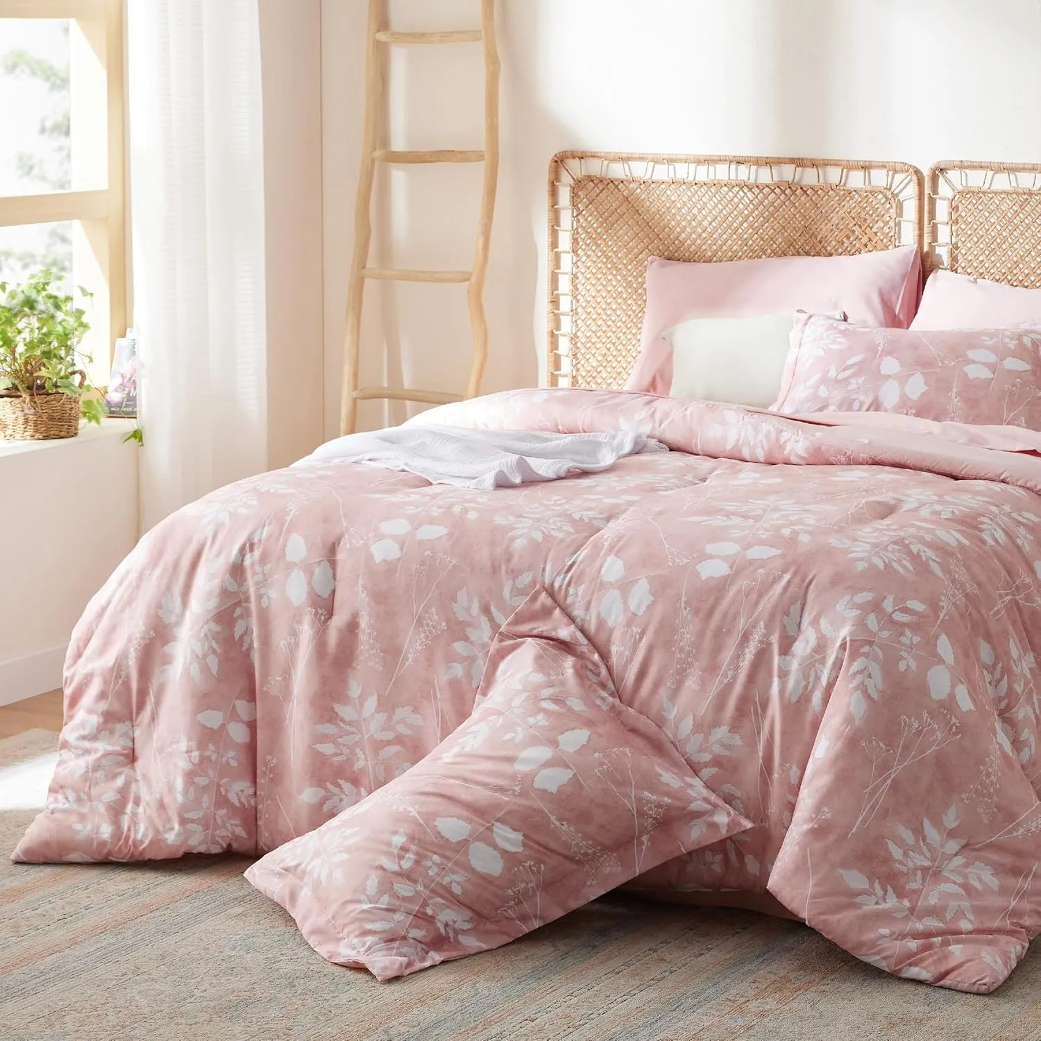 Bedsure Queen Comforter Set - 7 Pieces Floral Pink Soft Bedding Sets, Queen Bed in a Bag with Botanical Flowers Comforter, Sheets, Pillowcases & Shams