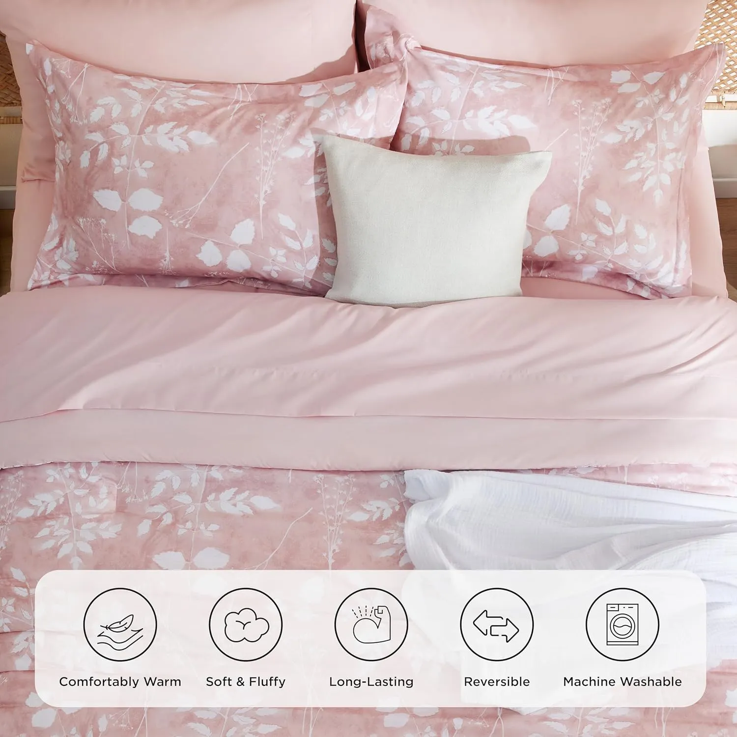 Bedsure Queen Comforter Set - 7 Pieces Floral Pink Soft Bedding Sets, Queen Bed in a Bag with Botanical Flowers Comforter, Sheets, Pillowcases & Shams