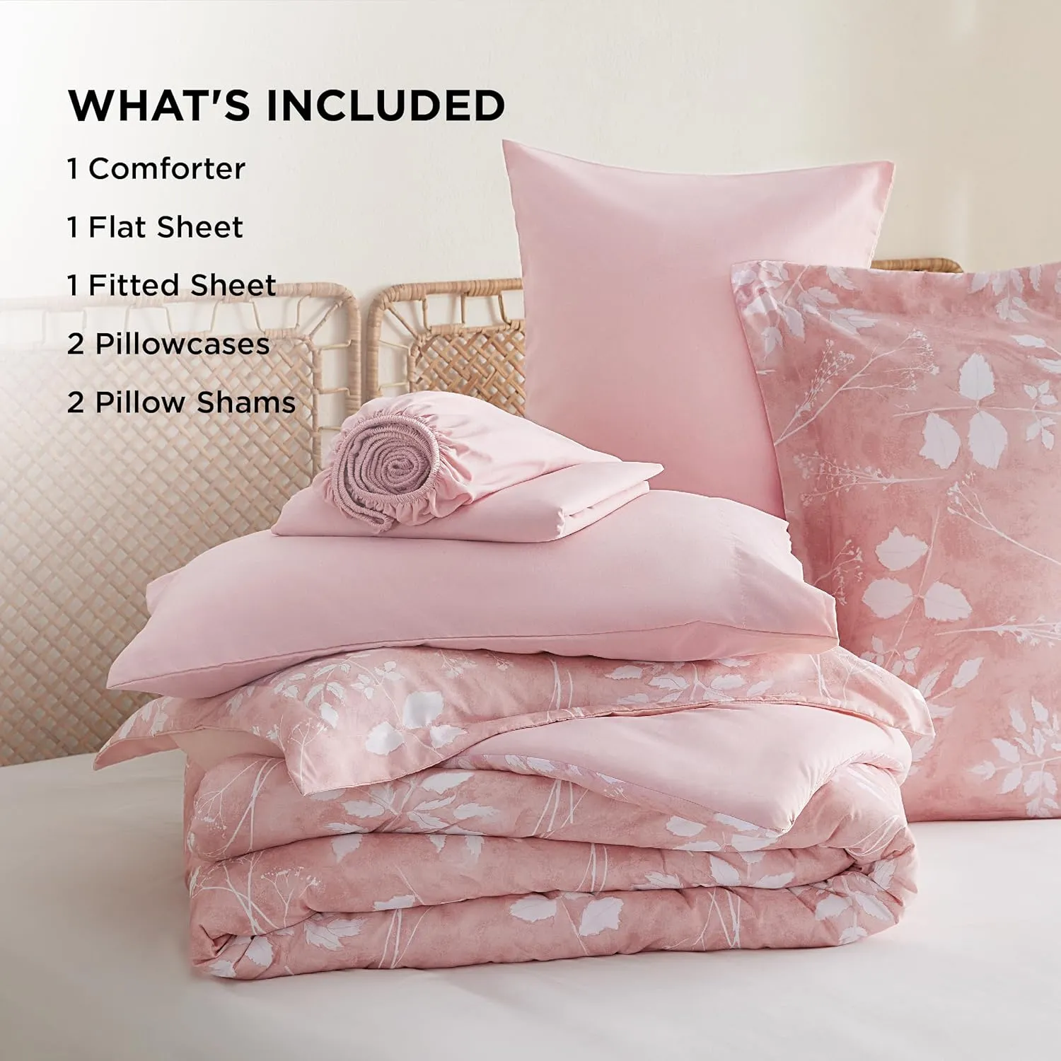 Bedsure Queen Comforter Set - 7 Pieces Floral Pink Soft Bedding Sets, Queen Bed in a Bag with Botanical Flowers Comforter, Sheets, Pillowcases & Shams