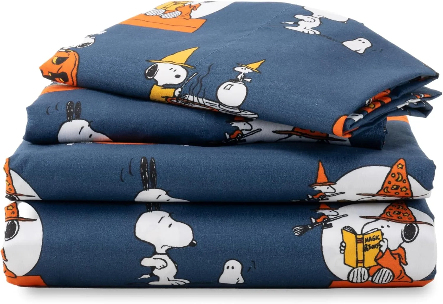 Berkshire Blanket Peanuts® Kids Sheet Set Queen Size - 4 Pieces,Cute Character Snoopy Printed Soft Microfiber Bed Sheets,Halloween Magic Potions Sheet Navy
