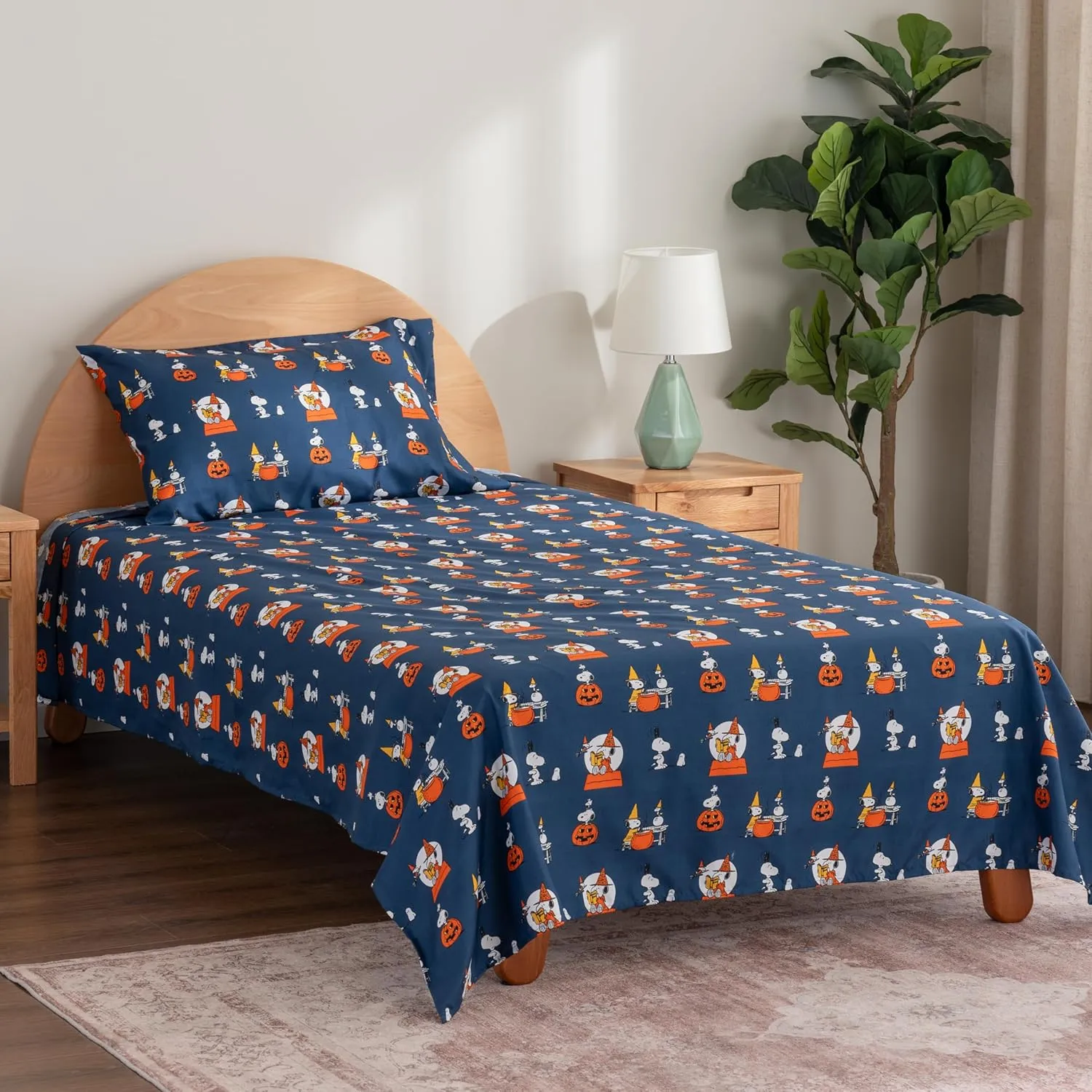 Berkshire Blanket Peanuts® Kids Sheet Set Queen Size - 4 Pieces,Cute Character Snoopy Printed Soft Microfiber Bed Sheets,Halloween Magic Potions Sheet Navy