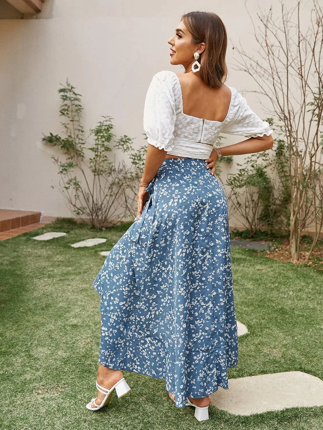 BerryGo Women's Boho Floral Wrap Maxi Skirt High Waisted Long Skirt with Slit