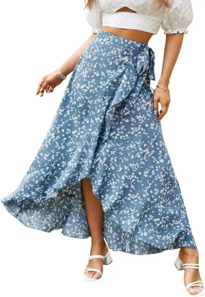 BerryGo Women's Boho Floral Wrap Maxi Skirt High Waisted Long Skirt with Slit