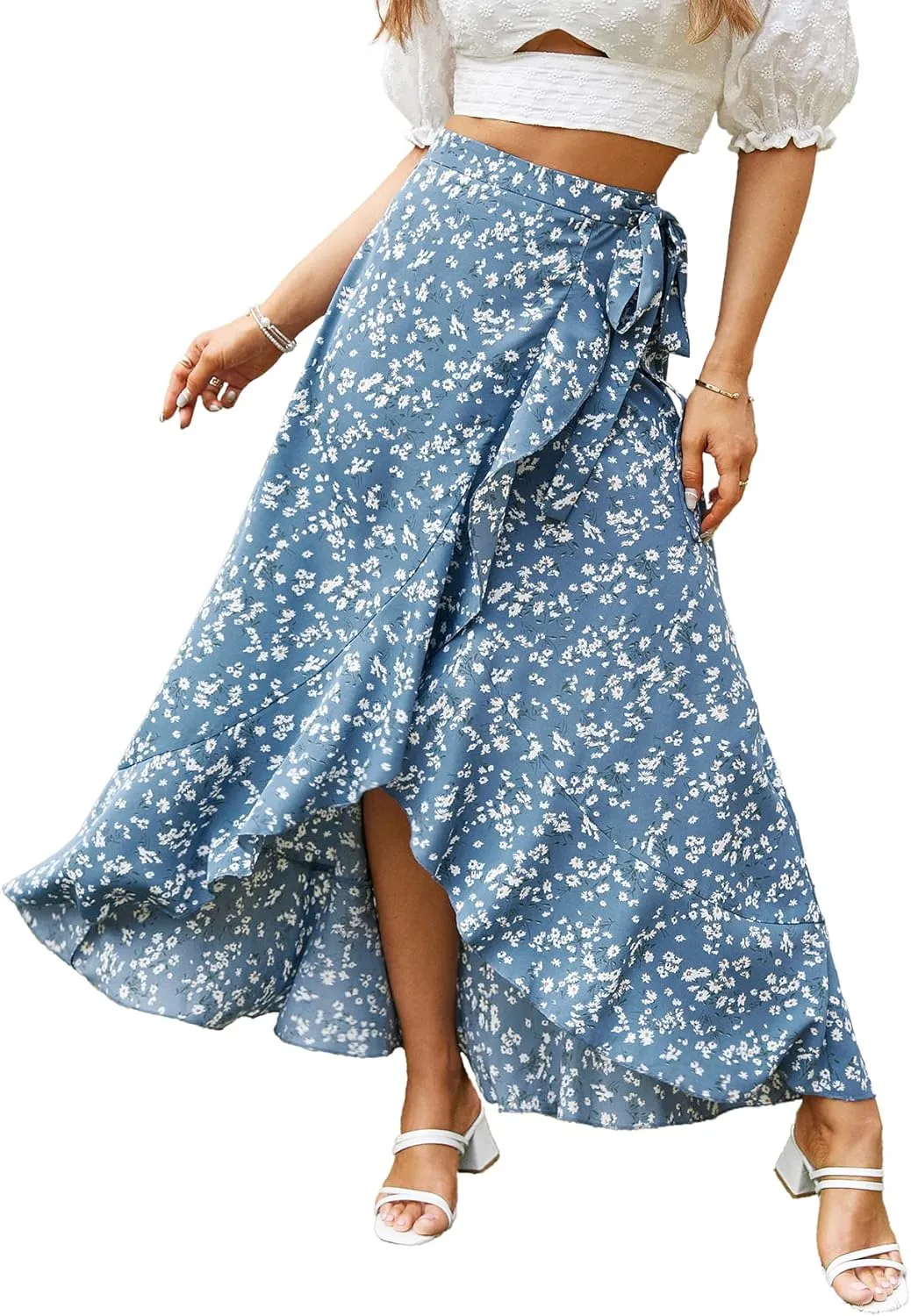 BerryGo Women's Boho Floral Wrap Maxi Skirt High Waisted Long Skirt with Slit