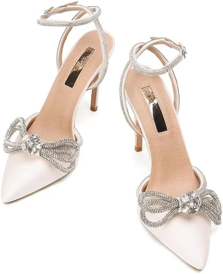 Bieosnli Women's Satin Lace Up High Heel Sandals Ankle Buckle Straps Pump Rhinestone Strip Bowknot Pointed Toe Stiletto Sandals