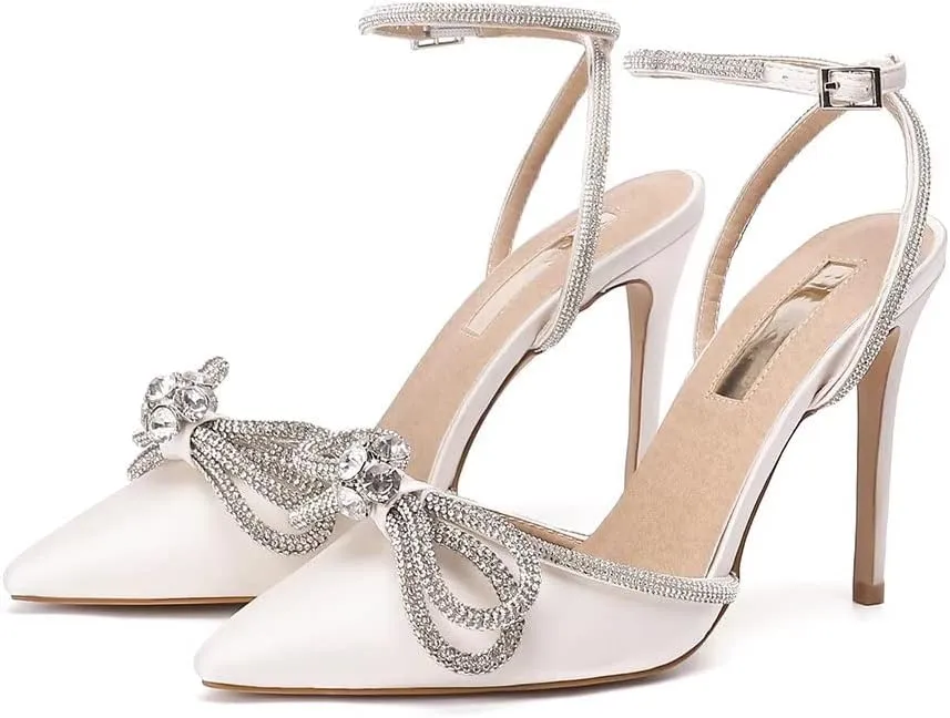 Bieosnli Women's Satin Lace Up High Heel Sandals Ankle Buckle Straps Pump Rhinestone Strip Bowknot Pointed Toe Stiletto Sandals