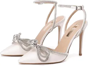 Bieosnli Women's Satin Lace Up High Heel Sandals Ankle Buckle Straps Pump Rhinestone Strip Bowknot Pointed Toe Stiletto Sandals