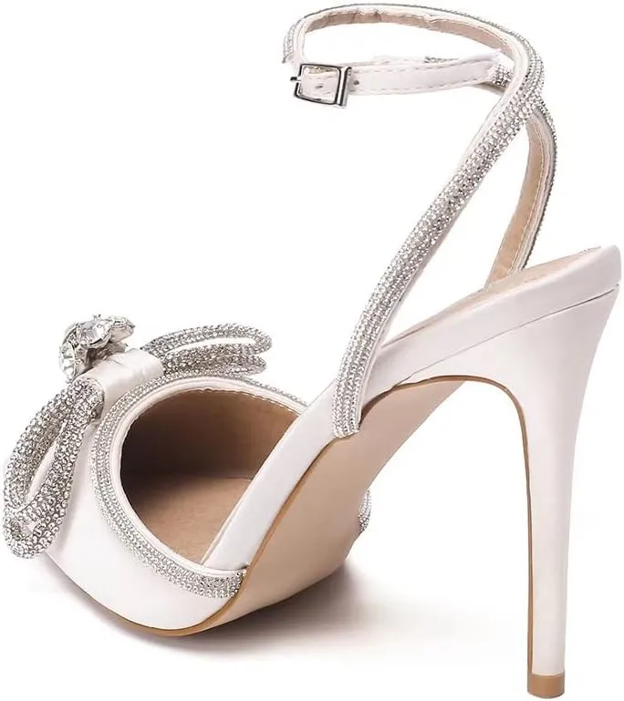 Bieosnli Women's Satin Lace Up High Heel Sandals Ankle Buckle Straps Pump Rhinestone Strip Bowknot Pointed Toe Stiletto Sandals