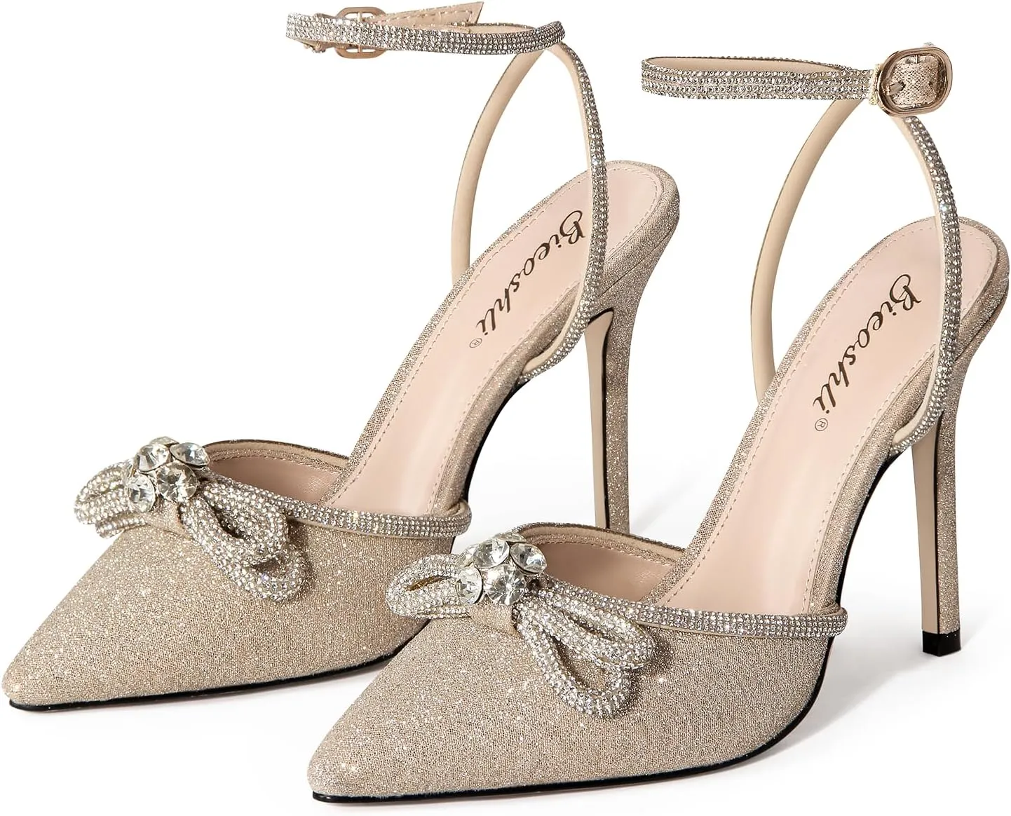 Bieosnli Women's Satin Lace Up High Heel Sandals Ankle Buckle Straps Pump Rhinestone Strip Bowknot Pointed Toe Stiletto Sandals