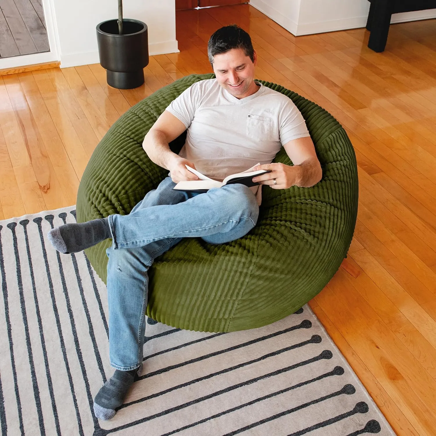 Big Joe Fuf Large Foam Filled Bean Bag Chair with Removable Cover, Moss Green, Corded Plush, 4 feet Big