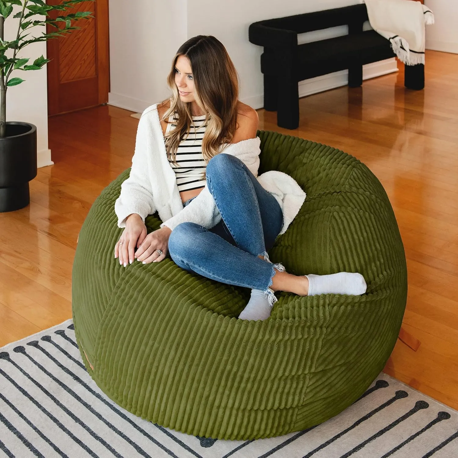 Big Joe Fuf Large Foam Filled Bean Bag Chair with Removable Cover, Moss Green, Corded Plush, 4 feet Big