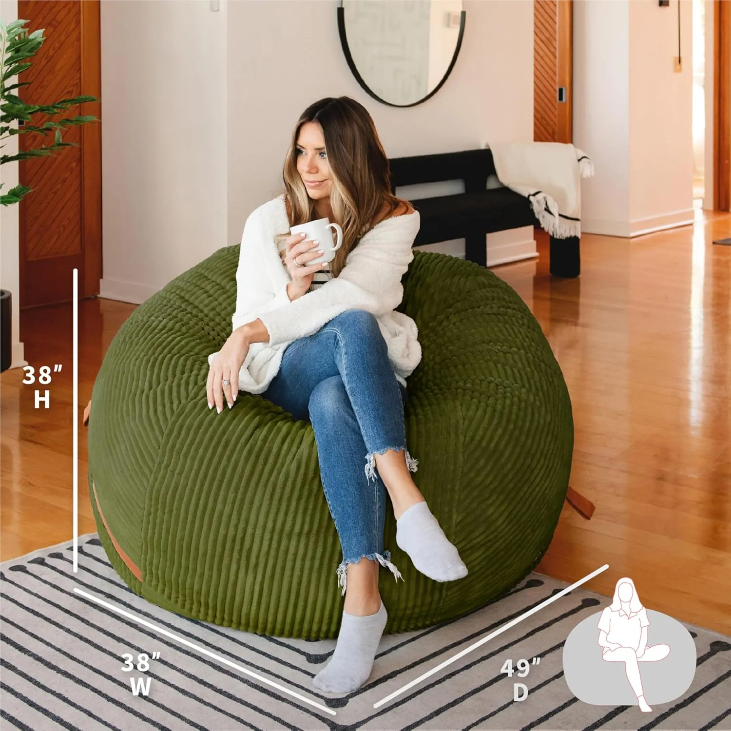 Big Joe Fuf Large Foam Filled Bean Bag Chair with Removable Cover, Moss Green, Corded Plush, 4 feet Big