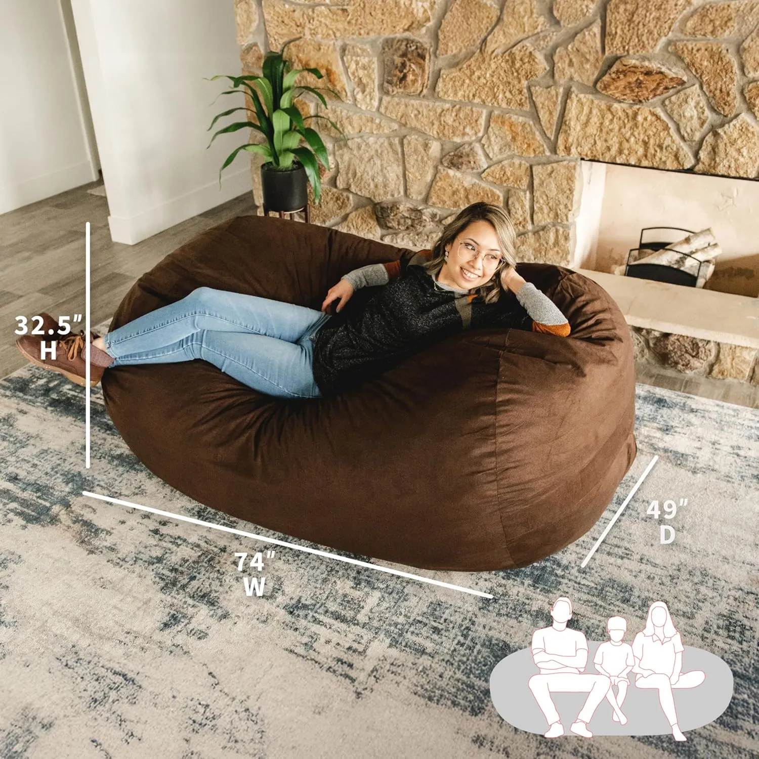 Big Joe Fuf Media Lounger Foam Filled Bean Bag Chair with Removable Cover, Cocoa Lenox, Durable Woven Polyester, 6 feet Giant