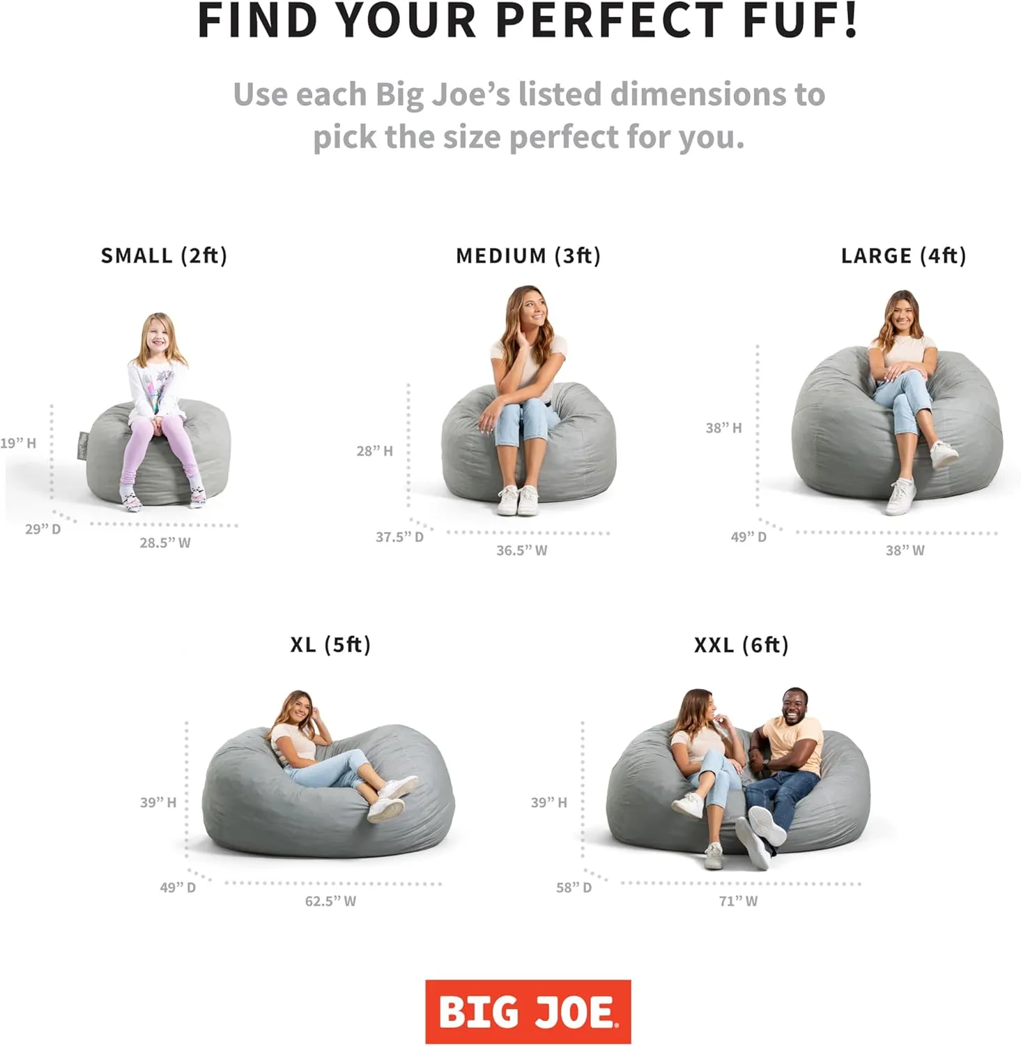Big Joe Fuf Media Lounger Foam Filled Bean Bag Chair with Removable Cover, Cocoa Lenox, Durable Woven Polyester, 6 feet Giant