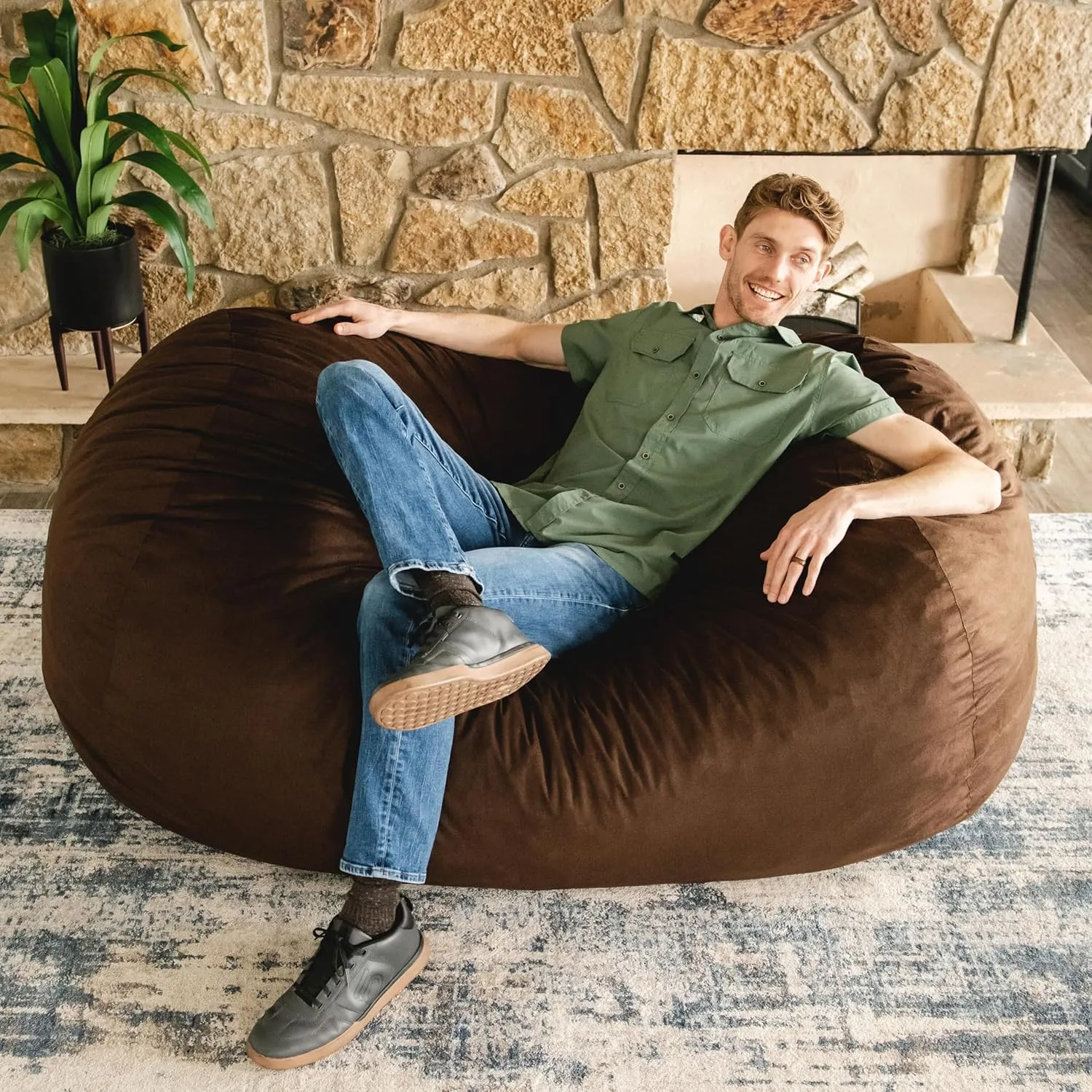 Big Joe Fuf Media Lounger Foam Filled Bean Bag Chair with Removable Cover, Cocoa Lenox, Durable Woven Polyester, 6 feet Giant