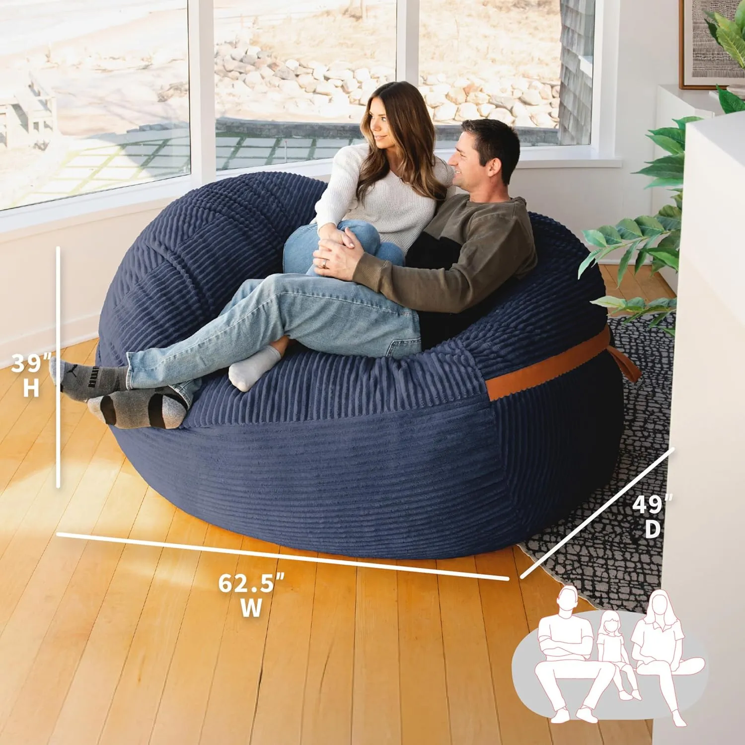 Big Joe Fuf XL Foam Filled Bean Bag Chair with Removable Cover, Midnight Blue Corded Plush, 6 feet Giant