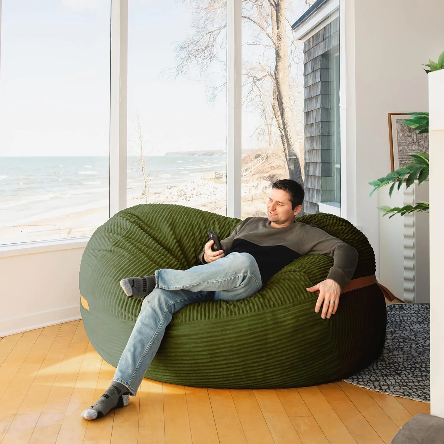 Big Joe Fuf XL Foam Filled Bean Bag Chair with Removable Cover, Moss Green Corded Plush, 6 feet Giant