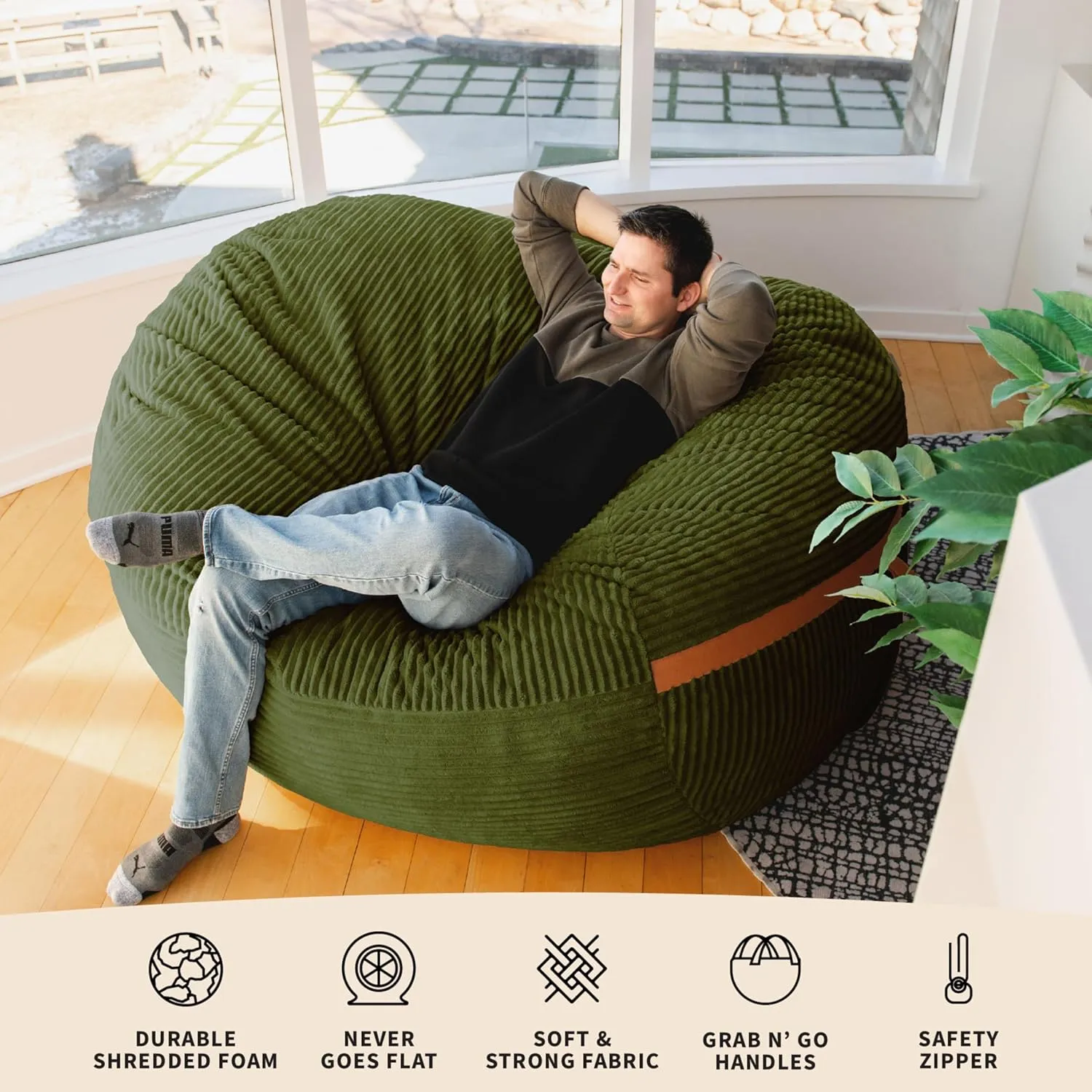 Big Joe Fuf XL Foam Filled Bean Bag Chair with Removable Cover, Moss Green Corded Plush, 6 feet Giant