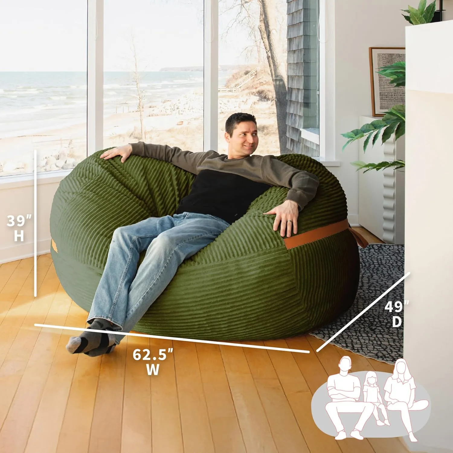 Big Joe Fuf XL Foam Filled Bean Bag Chair with Removable Cover, Moss Green Corded Plush, 6 feet Giant