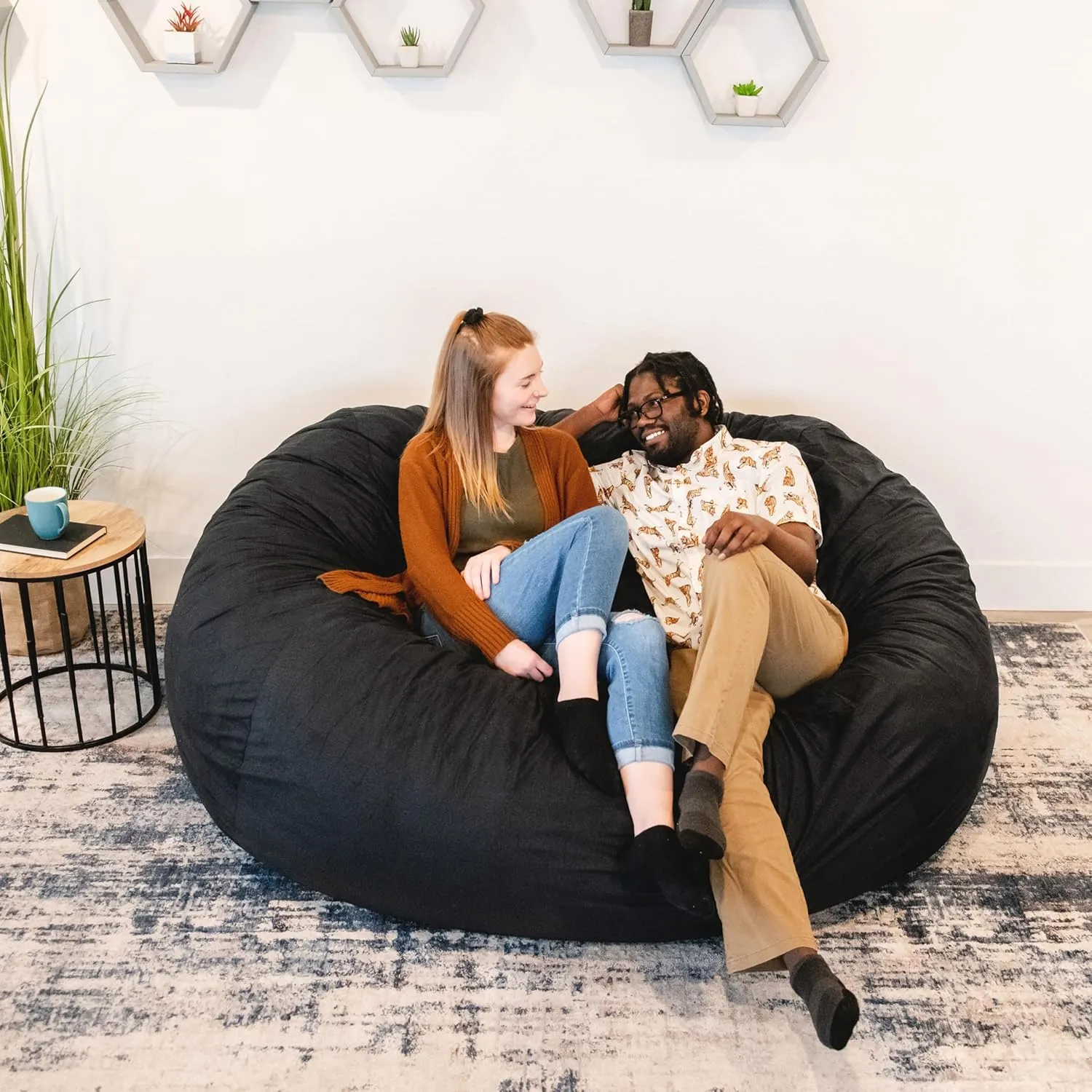 Big Joe Fuf XXL Foam Filled Bean Bag Chair with Removable Cover, Black Lenox, 6 feet Giant