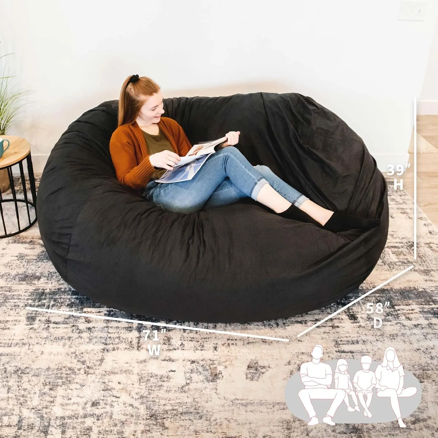 Big Joe Fuf XXL Foam Filled Bean Bag Chair with Removable Cover, Black Lenox, 6 feet Giant
