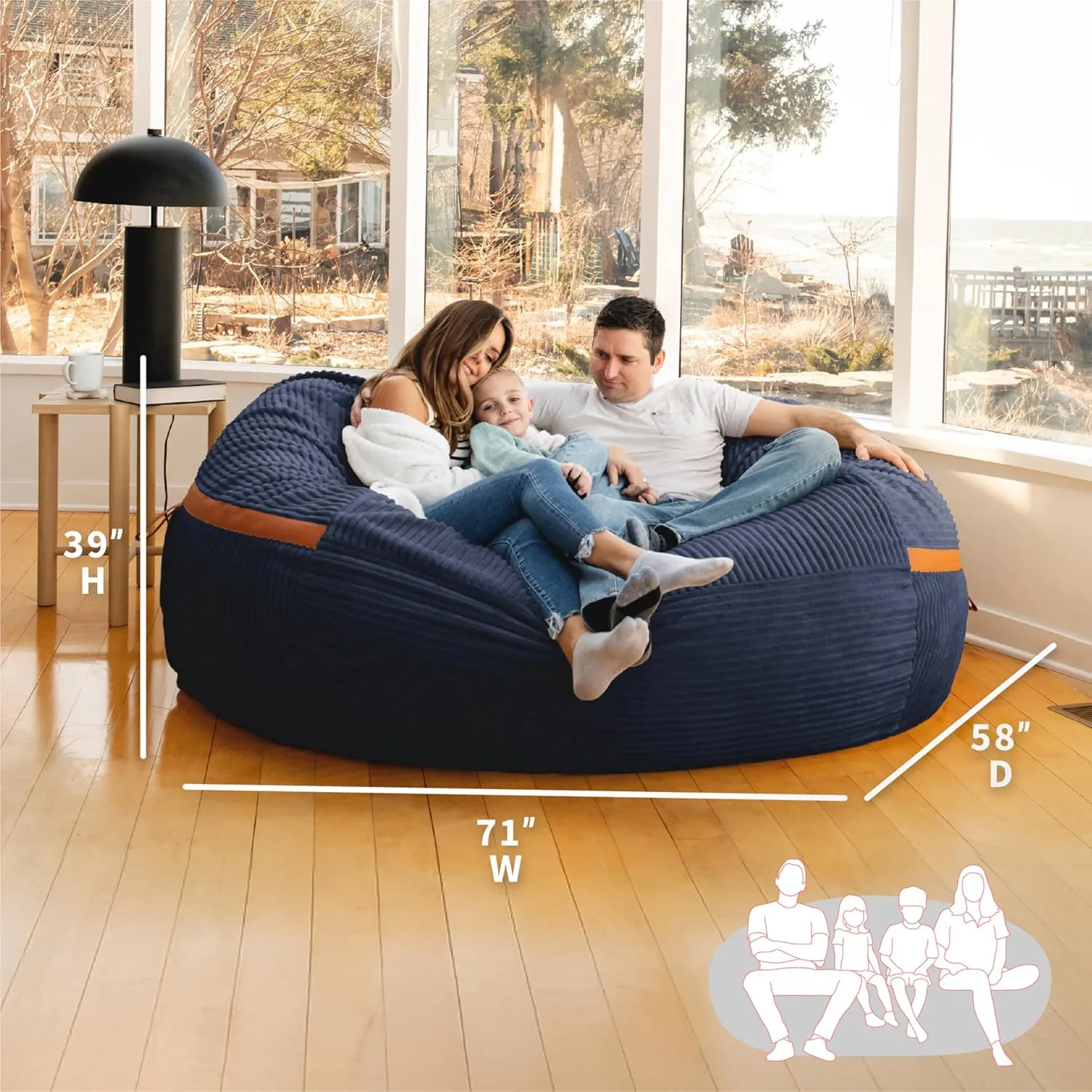 Big Joe Fuf XXL Foam Filled Bean Bag Chair with Removable Cover, Midnight Blue Corded Plush, 6 feet Giant