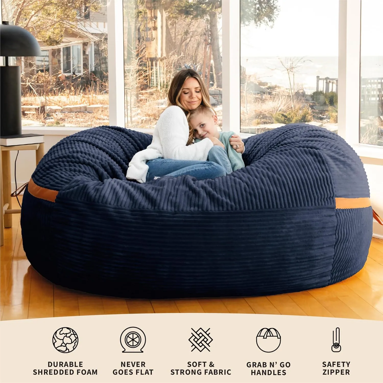 Big Joe Fuf XXL Foam Filled Bean Bag Chair with Removable Cover, Midnight Blue Corded Plush, 6 feet Giant