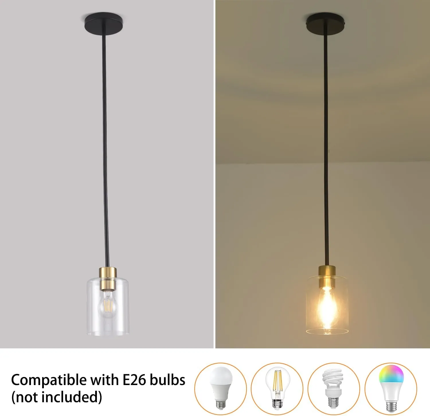 Black Brass Pendant Lights Kitchen Island - Clear Glass Pendant Light Fixture Multiple Stems Rods 3 Units 12 Inch 3 Units 4 Inch (1 Pack Black Brass Downrod)