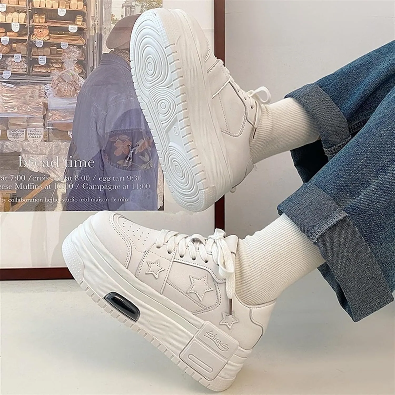 Breathable Sneakers Women's Leather Patchwork Round Toe Mixed Color Lace Up Inner Higher Student Sneakers Chunky Sole Walking Trainers