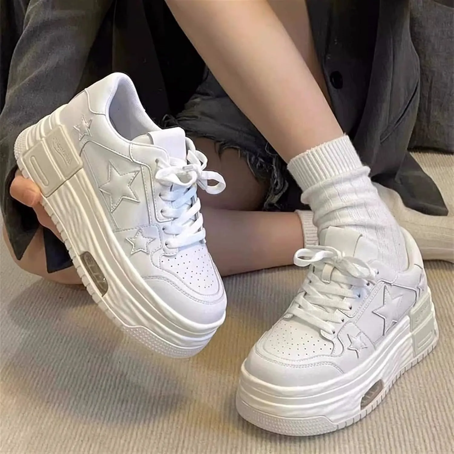 Breathable Sneakers Women's Leather Patchwork Round Toe Mixed Color Lace Up Inner Higher Student Sneakers Chunky Sole Walking Trainers
