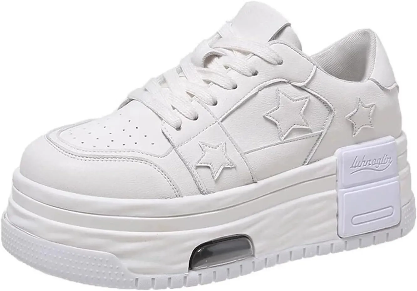 Breathable Sneakers Women's Leather Patchwork Round Toe Mixed Color Lace Up Inner Higher Student Sneakers Chunky Sole Walking Trainers
