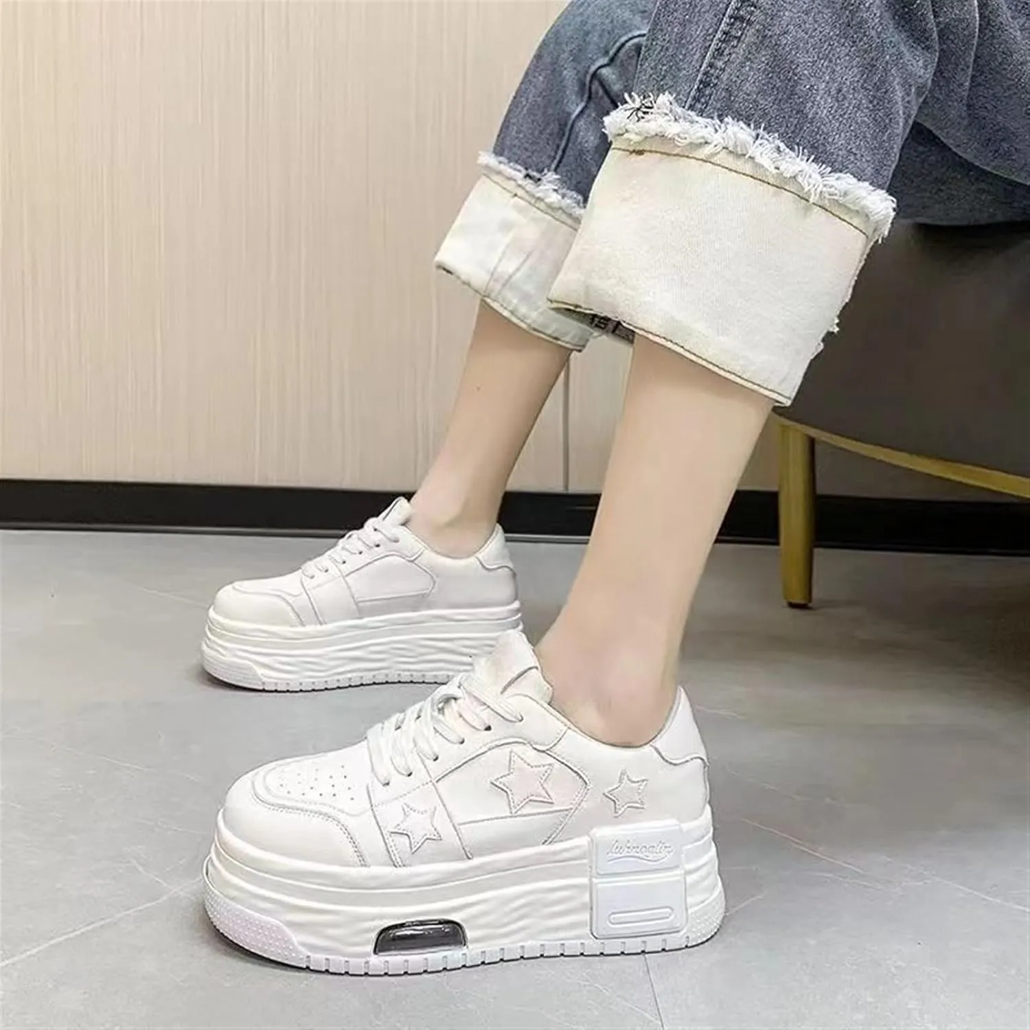 Breathable Sneakers Women's Leather Patchwork Round Toe Mixed Color Lace Up Inner Higher Student Sneakers Chunky Sole Walking Trainers