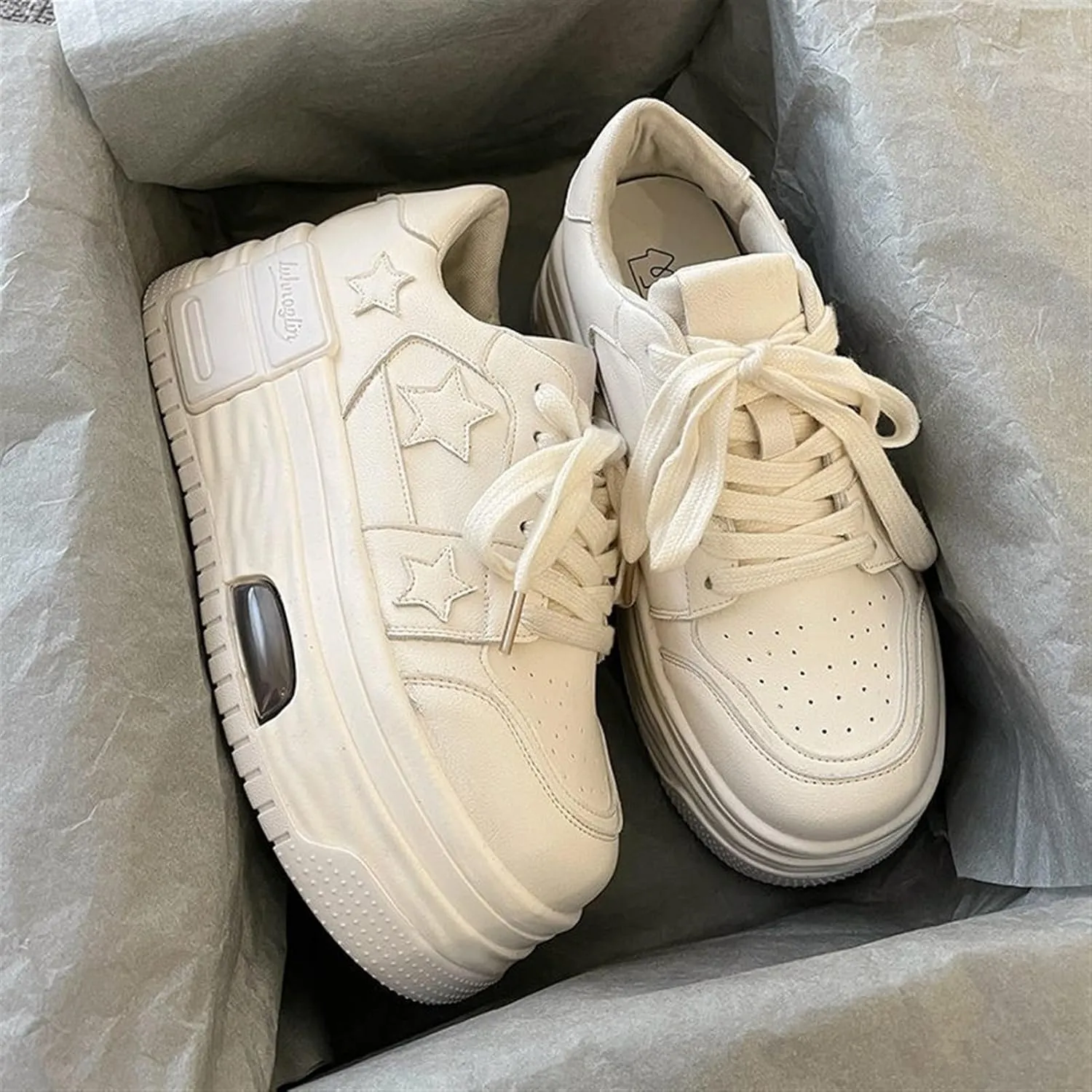 Breathable Sneakers Women's Leather Patchwork Round Toe Mixed Color Lace Up Inner Higher Student Sneakers Chunky Sole Walking Trainers