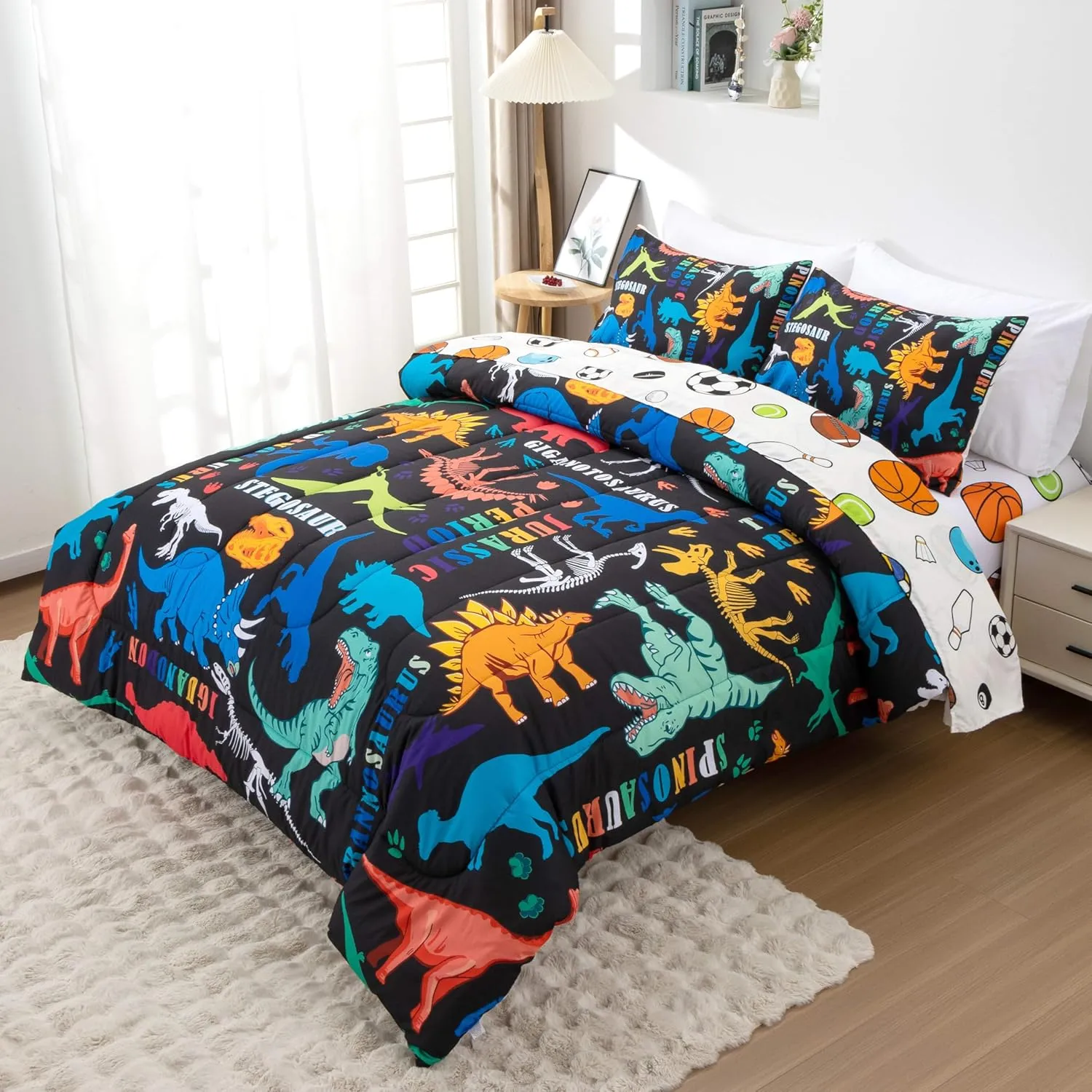 Btargot Black Kids Full Cartoon Dinosaur Comforter Set 5 Piece Dino Alphabet Reversible Bedding Set for Boys Girls Bed in a Bag