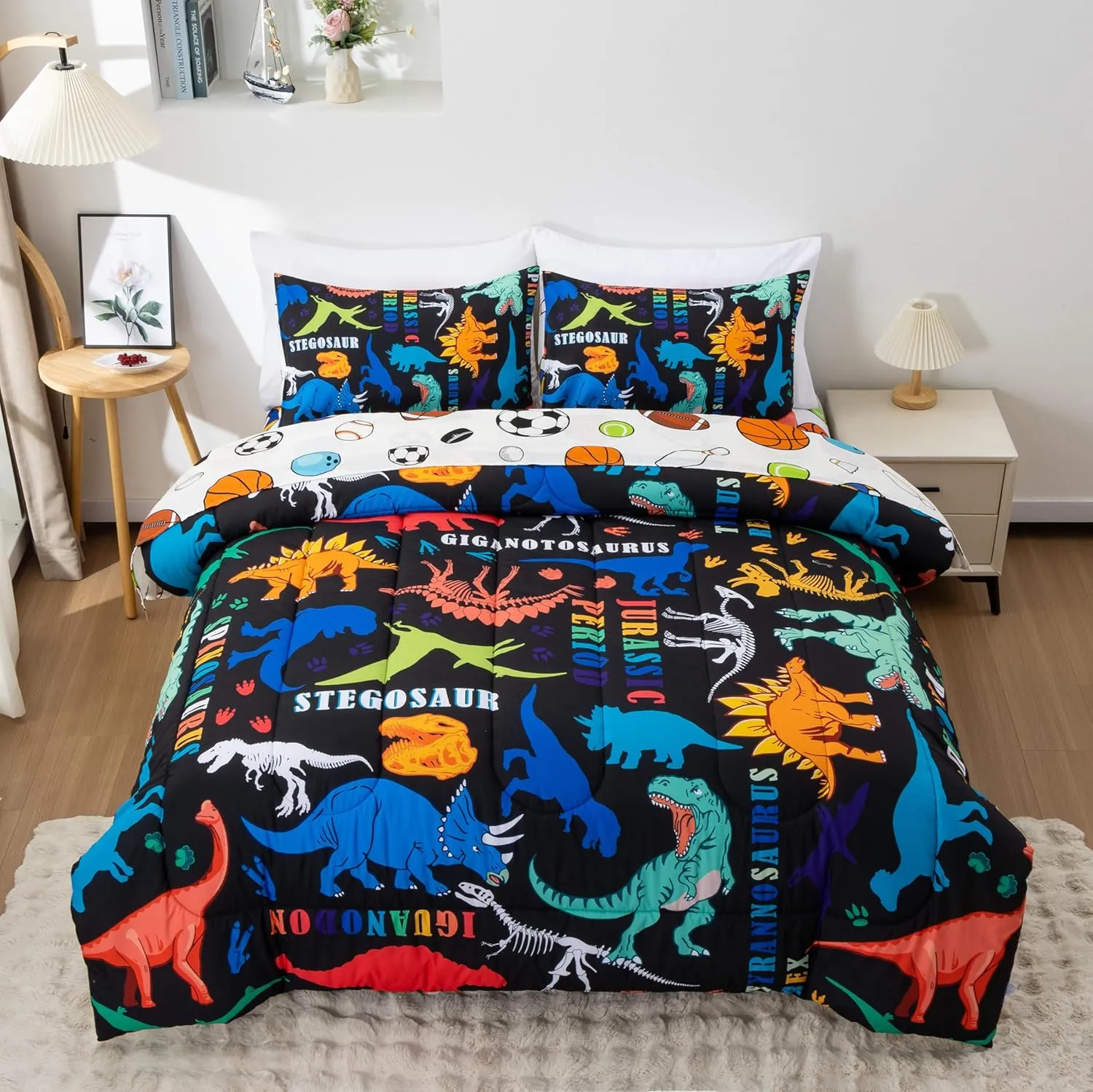 Btargot Black Kids Full Cartoon Dinosaur Comforter Set 5 Piece Dino Alphabet Reversible Bedding Set for Boys Girls Bed in a Bag
