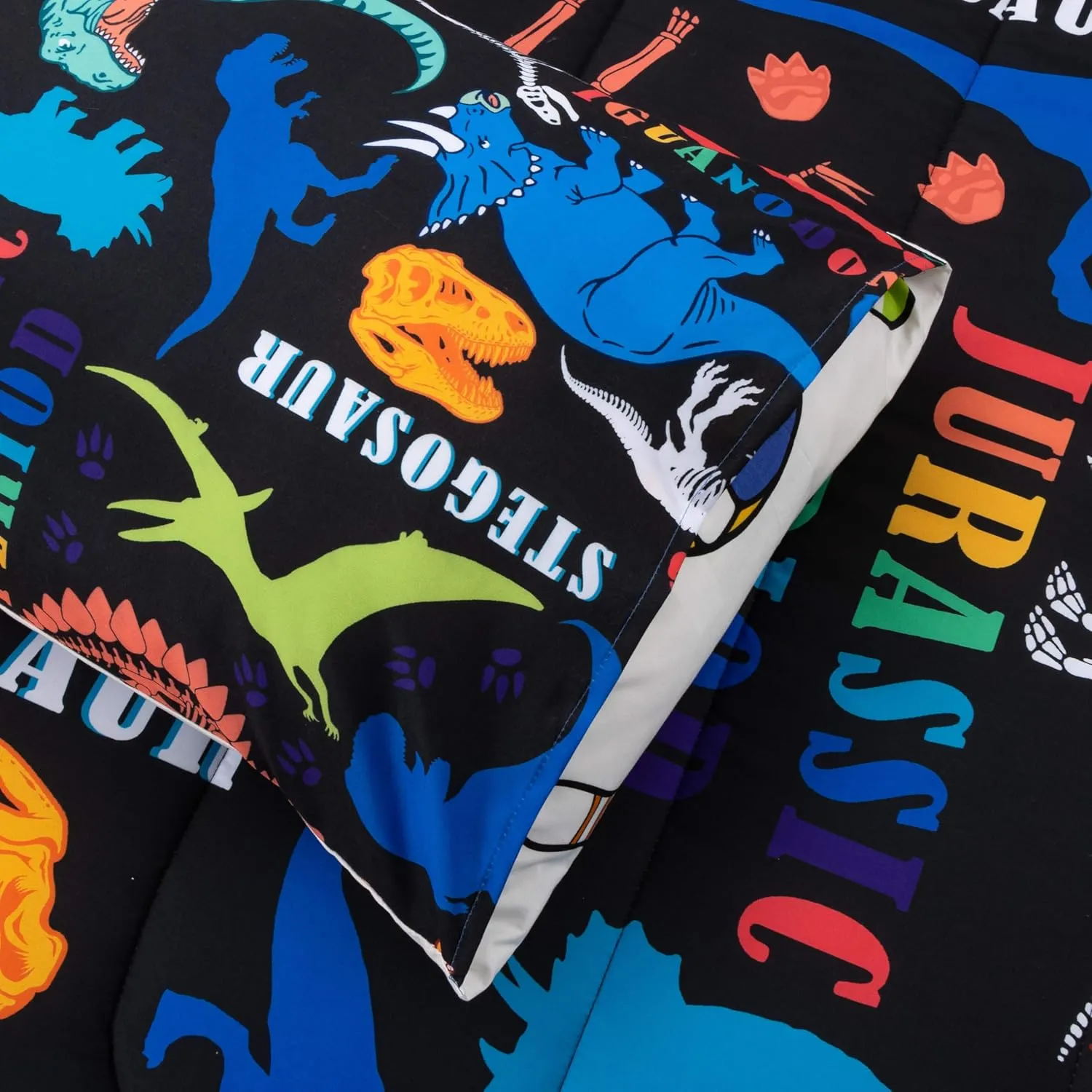 Btargot Black Kids Full Cartoon Dinosaur Comforter Set 5 Piece Dino Alphabet Reversible Bedding Set for Boys Girls Bed in a Bag
